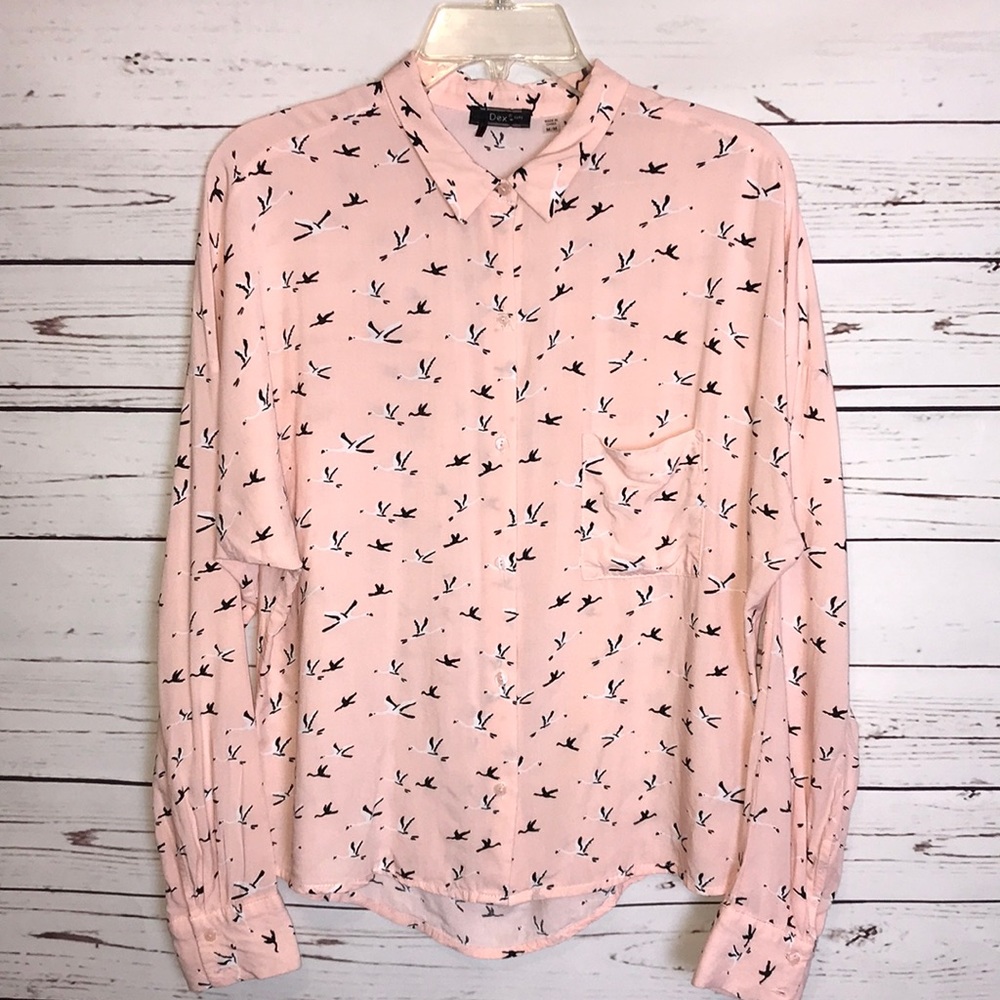 Blush pink graphic blouse bird print sz M